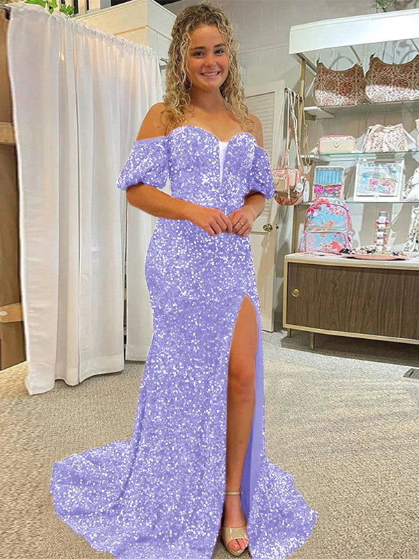 AerbaDress Sheath Off the Shoulder Short Sleeves Long Velvet Sequin Prom Dress