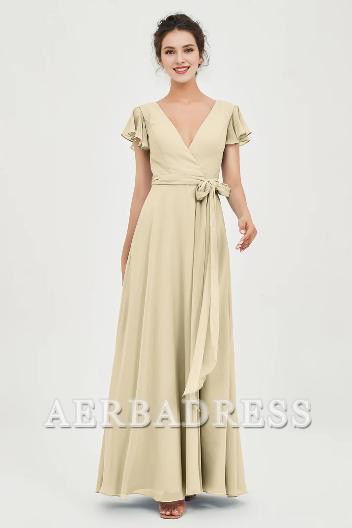 Aerba Dress Bridesmaid Dresses Chiffon A-Line V-neck Flutter Sleeves Pleated Lace up Floor-Length Elegant Simple Dresse Wedding Guest Dresses
