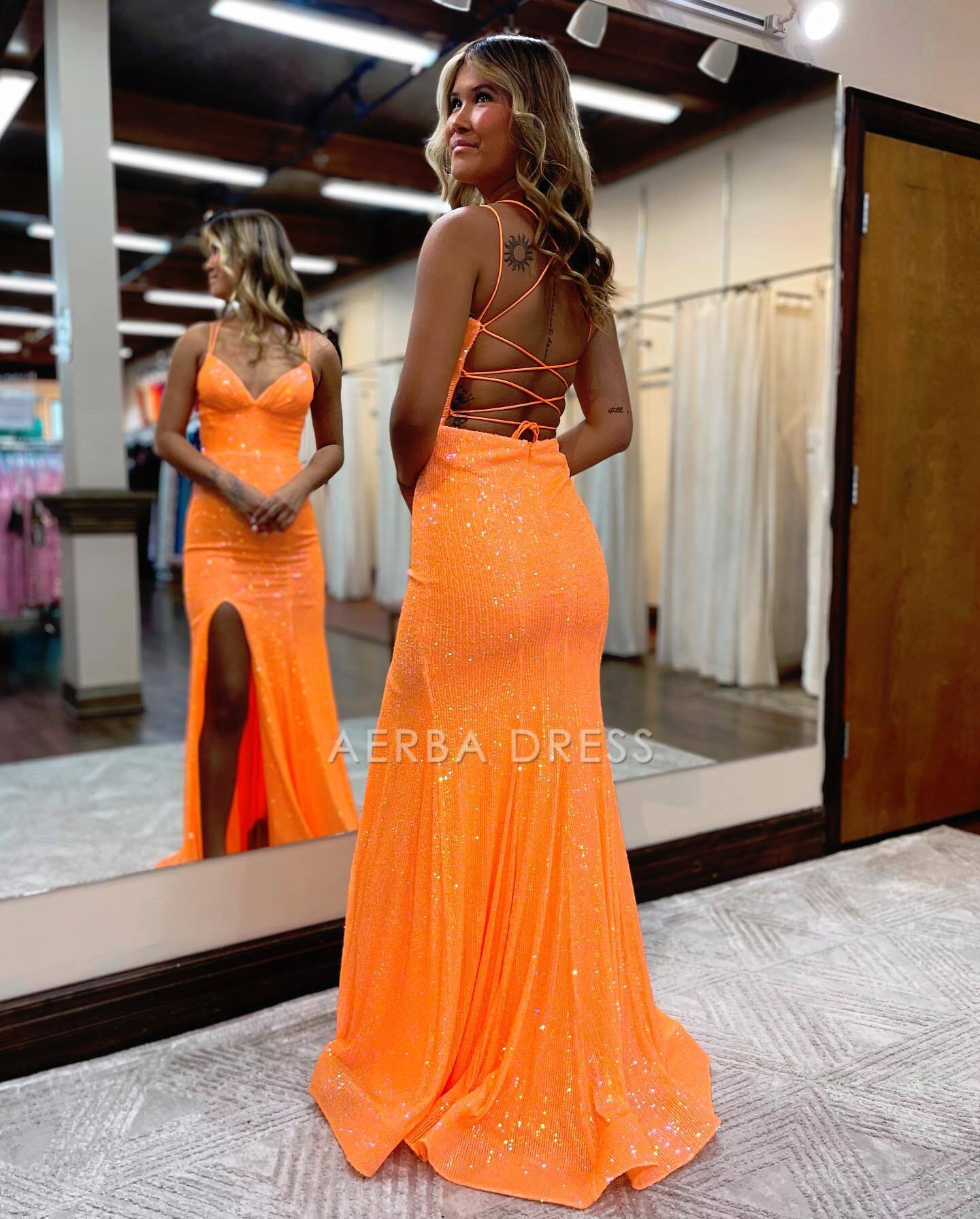 AERBA DRESS Formal Wear Dresses Sparkle Mermaid Spaghetti Straps Lace Up-Corset With Split Charming Prom Dress
