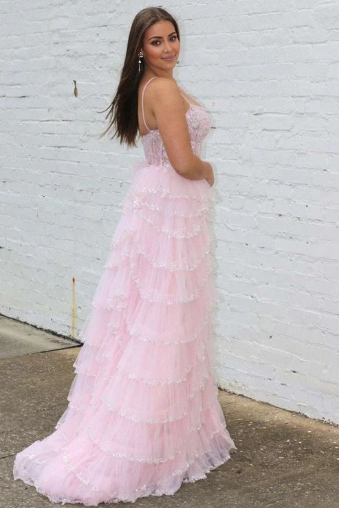 AerbaDress A-line Fashion Prom Dresses Straps Plunging Neck Pink Sequin Lace