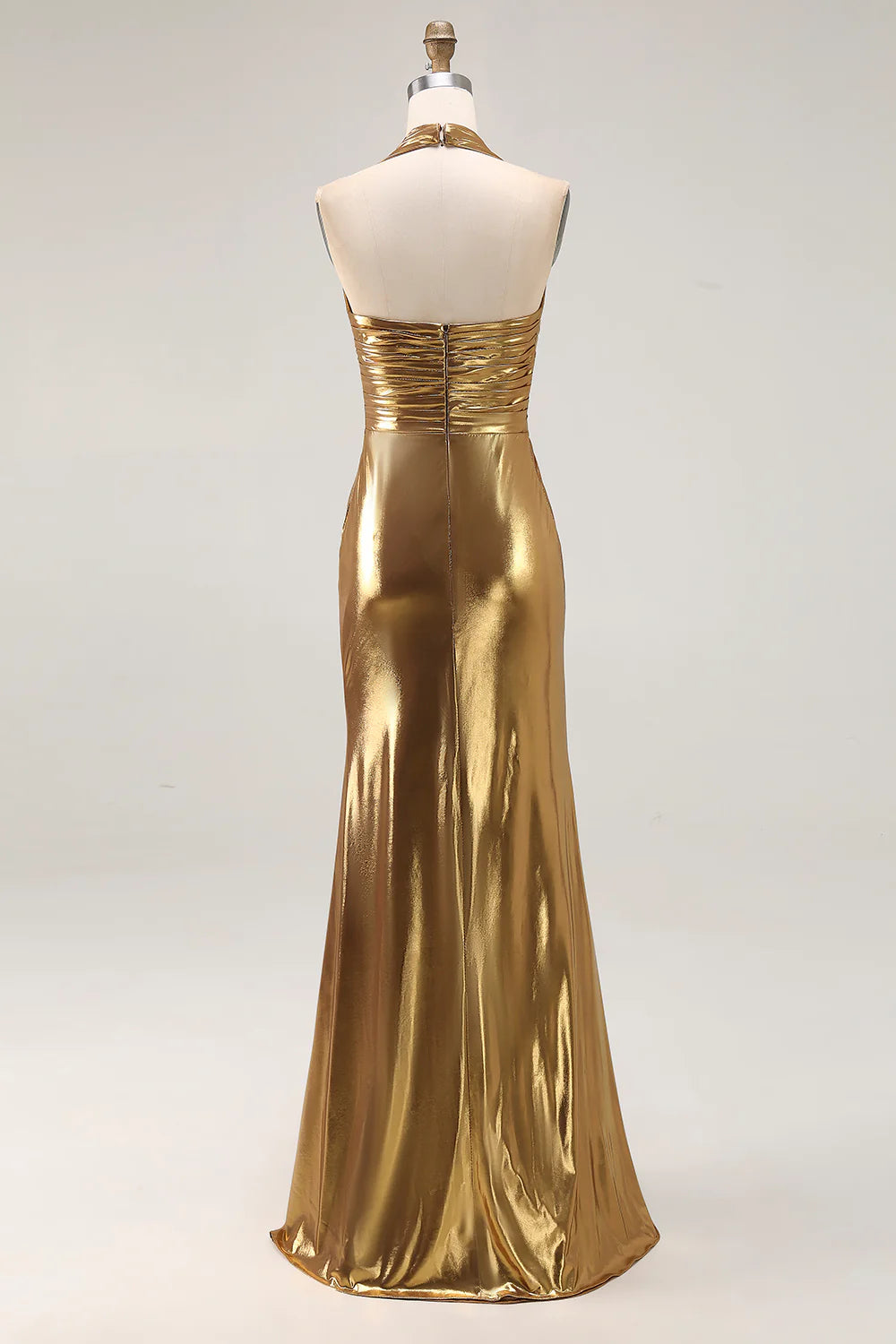 Sparkly Gold Metallic Halter Deep V Neck Pleated Backless with Slit Fashion Long Formal Dress Hot Sale Evening Dress