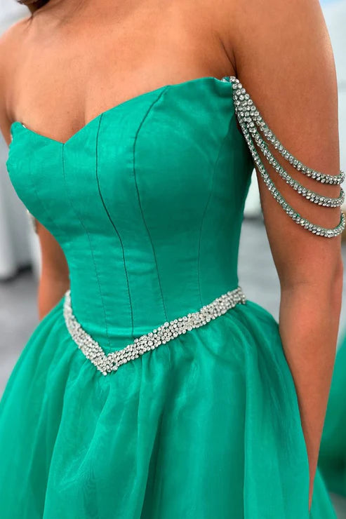 AerbaDress Green Evening Dress Strapless Beaded Straps Organza Long Prom Dresses