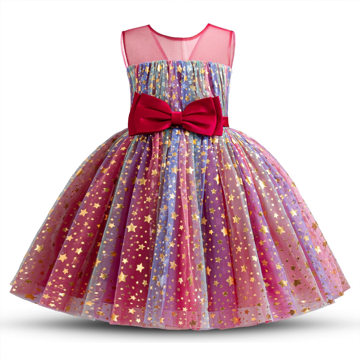 AERBA DRESS Wedding Flower Girl Dresses Round Neck Star Glitter Bow Kids Party Wedding Dresses