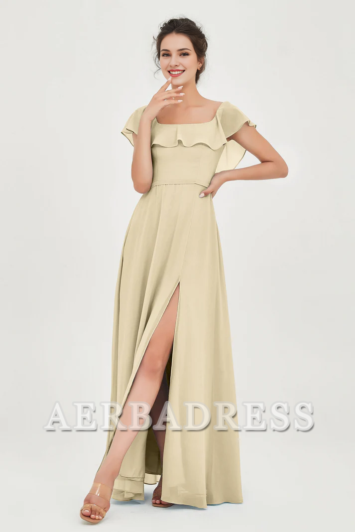 Aerba Dress Bridesmaid Dresses Chiffon A-Line Square Neckline Flutter Sleeves Ruffle Side Fork Elegant Simple Dresse Wedding Guest Dresses