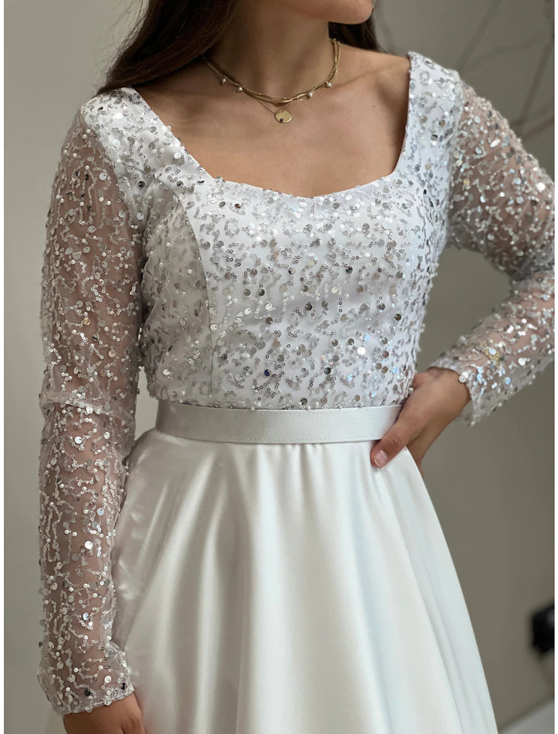 A-Line Evening Gown Elegant Dress Wedding Guest Fall Court Train Long Sleeve Scoop Neck Satin with Pearls