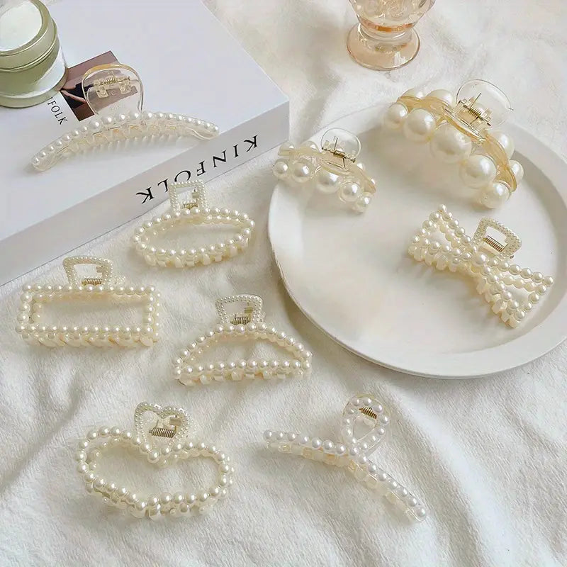 Aerba Elegant 4/9-Piece Pearl Hair Claw Set For Women - Chic Acrylic & Alloy, Perfect For Teens & Up