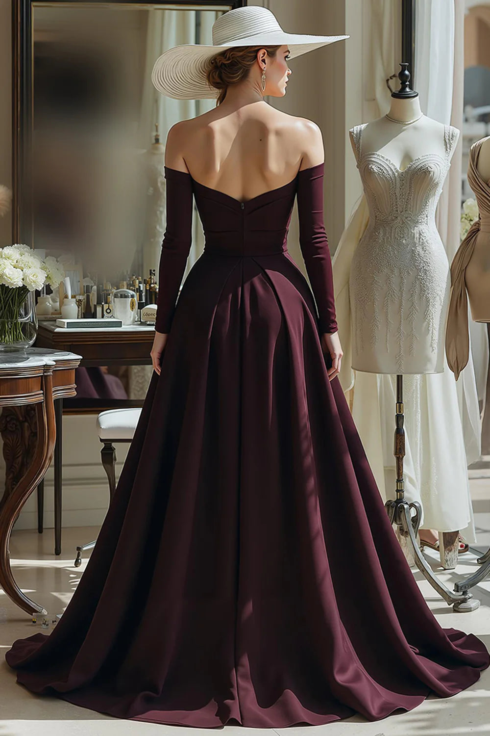 Elegant Cabernet Satin A Line Off the Shoulder Sweetheart Neckline Pleated Backless Long Sleeves Gorgeous Long Formal Dress Hot Sale Evening Dress
