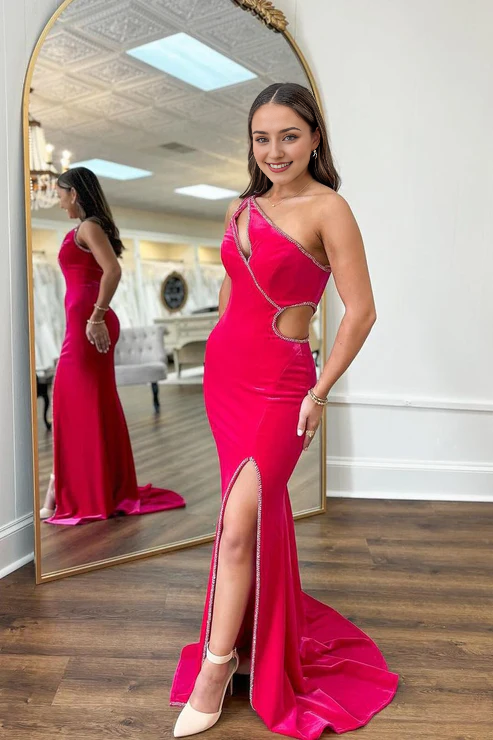 AerbaDress Red Velvet Mermaid Long Evening Dress One Shoulder Prom Dresses