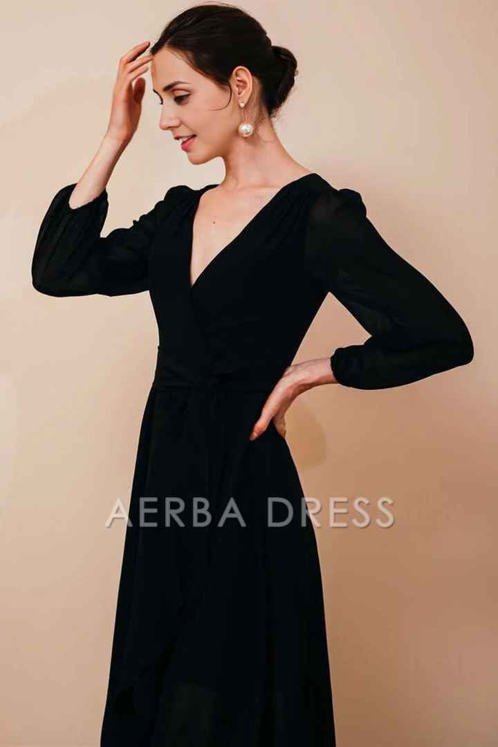 AERBA DRESS Mother of The Bride Dress Simple Elegant Chiffon V-neck Long Sleeve Dress Wedding Guests Dresses