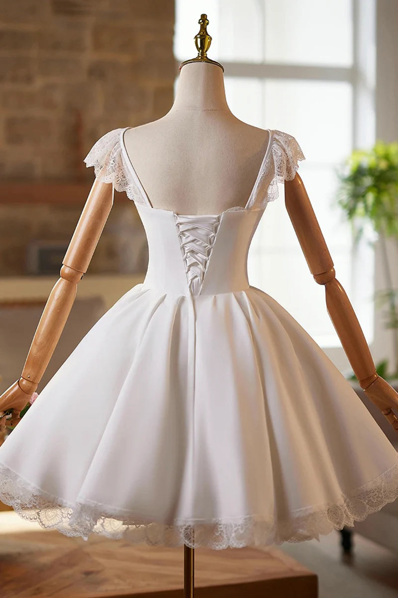 Lace White A-Line Square Neck Ruched Hem Cute Short Prom Dresses Formal Graduation Dress Homecoming Dresses