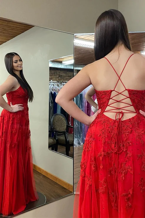 AerbaDress Long Prom Dresses Plunging Floral Appliques V Neck Red Evening Dress