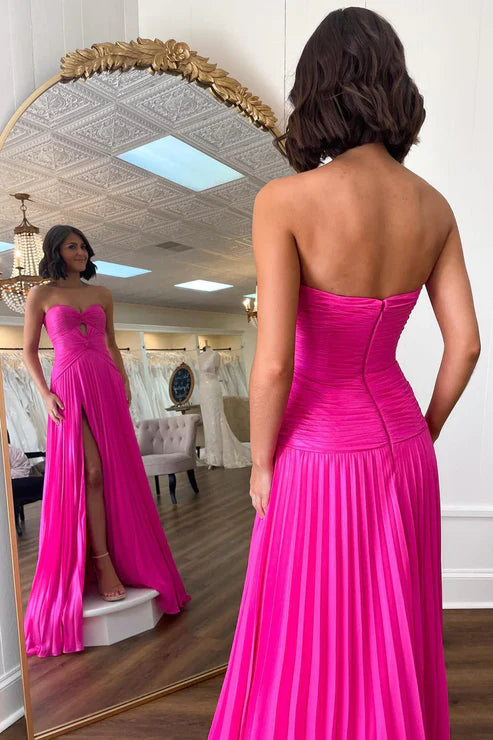 AerbaDress A-Line Prom Dresses Hot Pink Strapless Keyhole Pleated Evening Dress