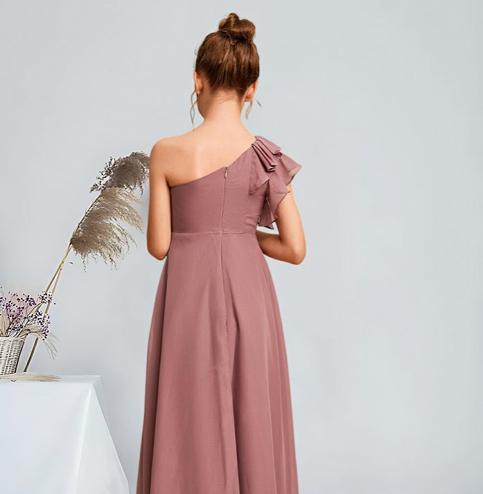 Girls' Formal Dress Elegant A-Line One Shoulder Floor-Length Stunning Party Wedding Guest Dress Hot Sale Junior Bridesmaid Dress