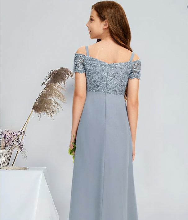 Girls' Formal Dress Exquisite A-line Cold Shoulder Floor-Length Chiffon Lace Wedding Guest Communion Dress Hot Sale Junior Bridesmaid Dress