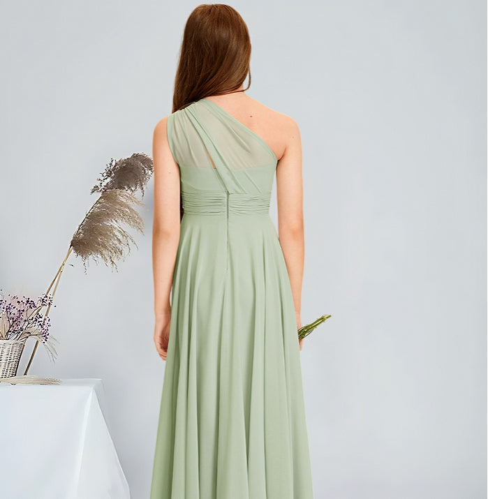 Girls' Formal Dress Elegant A-line One Shoulder Pleated Floor-Length Chiffon Wedding Dresses For School Dance Hot Sale Junior Bridesmaid Dress