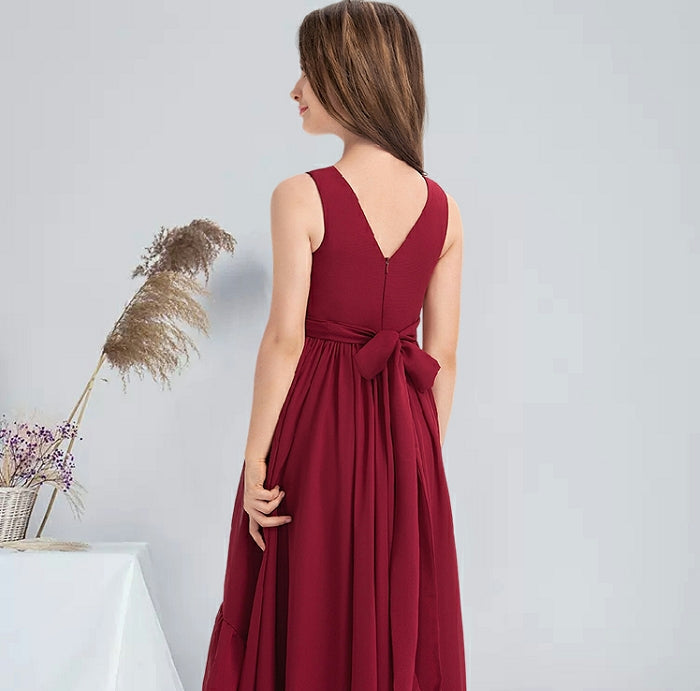 Exquisite A-line V-Neck Sleeveless Asymmetrical Chiffon Pleated Girl Party Communion Guest Dresses Junior Bridesmaid Dress