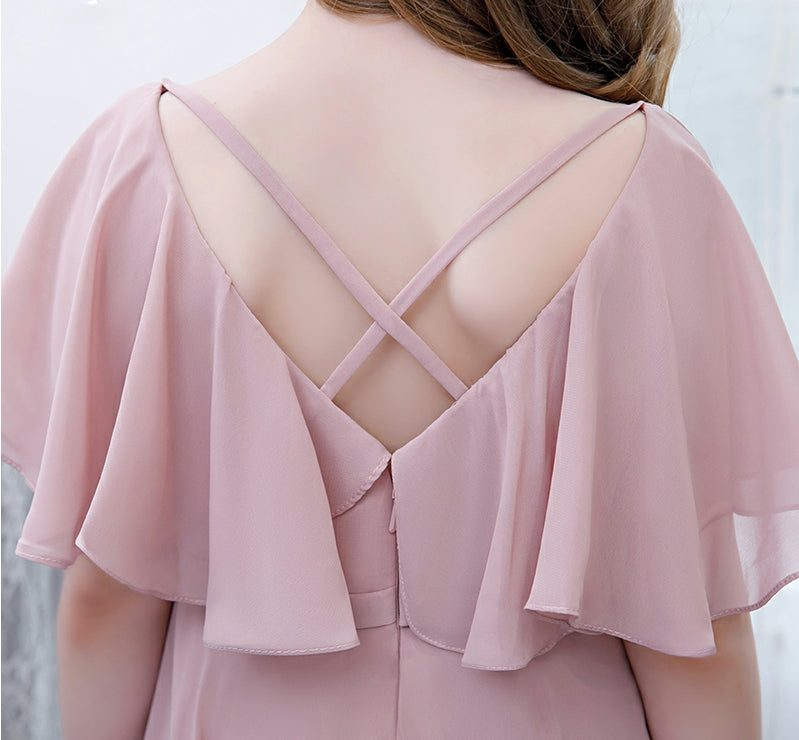 Girls' Formal Dress Elegant A Line V Neck Flowy Sleeves Long Chiffon Pleats Birthday Party Gowns Hot Sale Junior Bridesmaid Dress