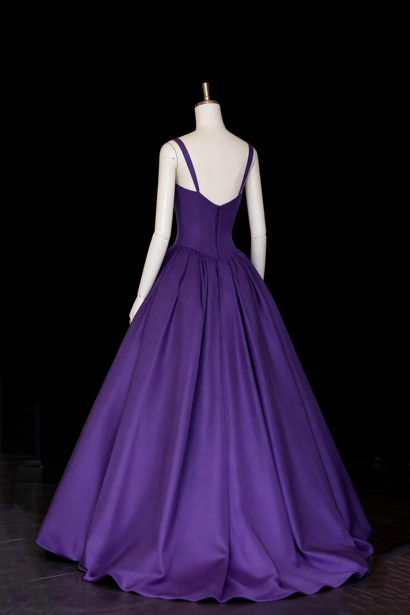 Stunning A Line Spaghetti Straps Sweetheart Neckline Beadwork Open Back Purple Satin Elegant Long Prom Dresses Formal Graduation Evening Dresses