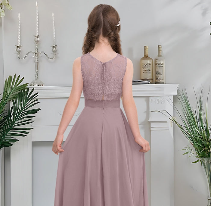 Girls' Formal Dress Elegant A-line Scoop Sleeveless 2 Pcs Floor-Length Chiffon Lace Weddings Hot Sale Junior Bridesmaid Dress