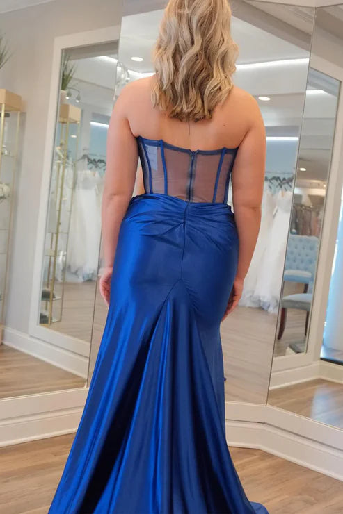 AerbaDress Mermaid Evening Dress Strapless Navy Blue Satin Long Prom Dresses