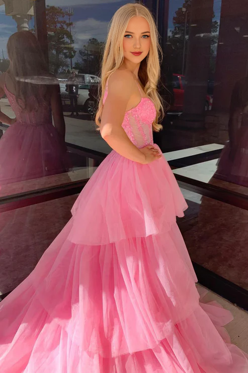 AerbaDress Fashion A-Line Evening Dress Pink Tiered Tulle Long Prom Dresses