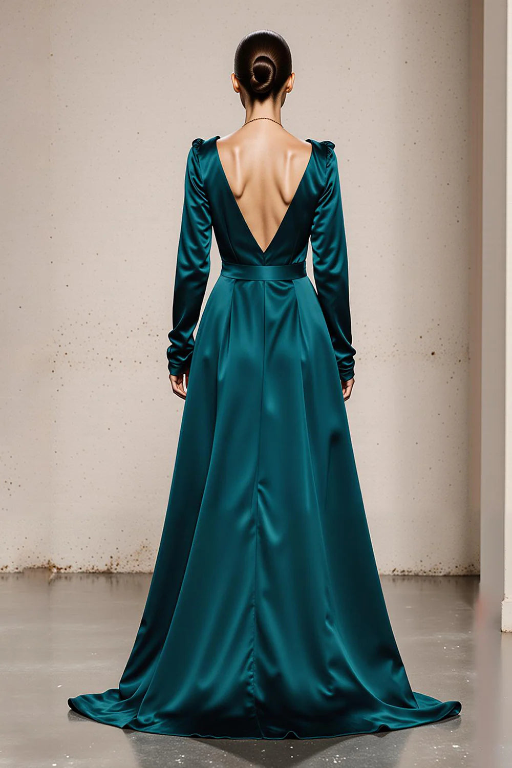 High Grade Peacock Green Satin A Line Deep V-Neck with Sleeves Backless Exquisite Long Formal Dress Hot Sale Evening Dress
