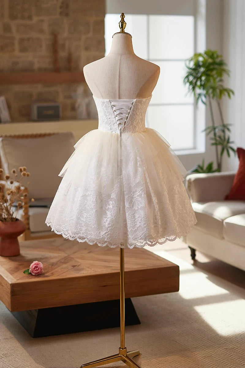 White Lace Exquisite A-Line Strapless Sweetheart Neckline Tulle Tiers Ruched Lovely Short Prom Dresses Formal Graduation Dress Homecoming Dresses