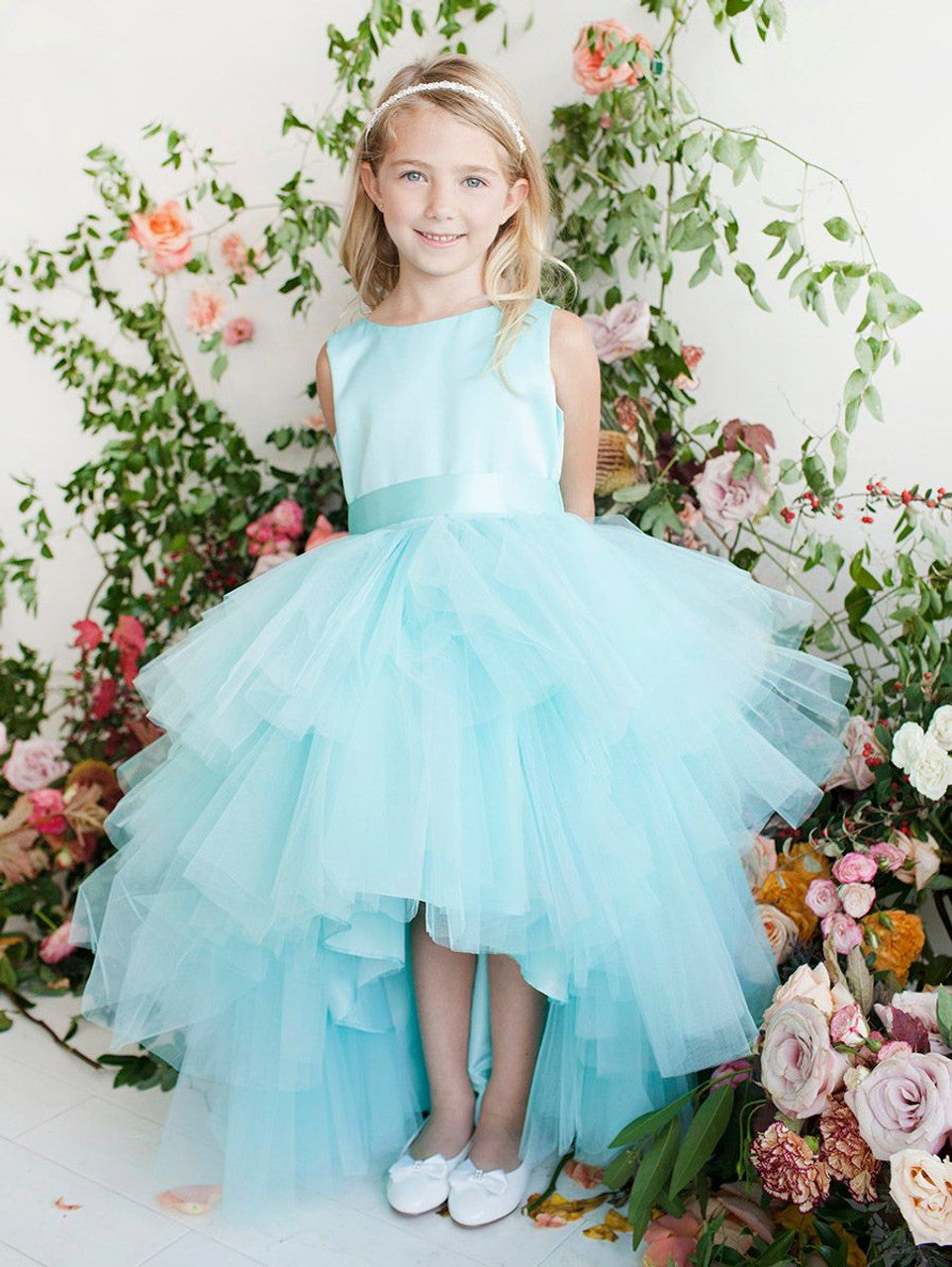 AERBA DRESS Wedding Flower Girl Dresses Sleeveless Ruffled Tulle Multi Tier High Low Dress Girls Princess Dress