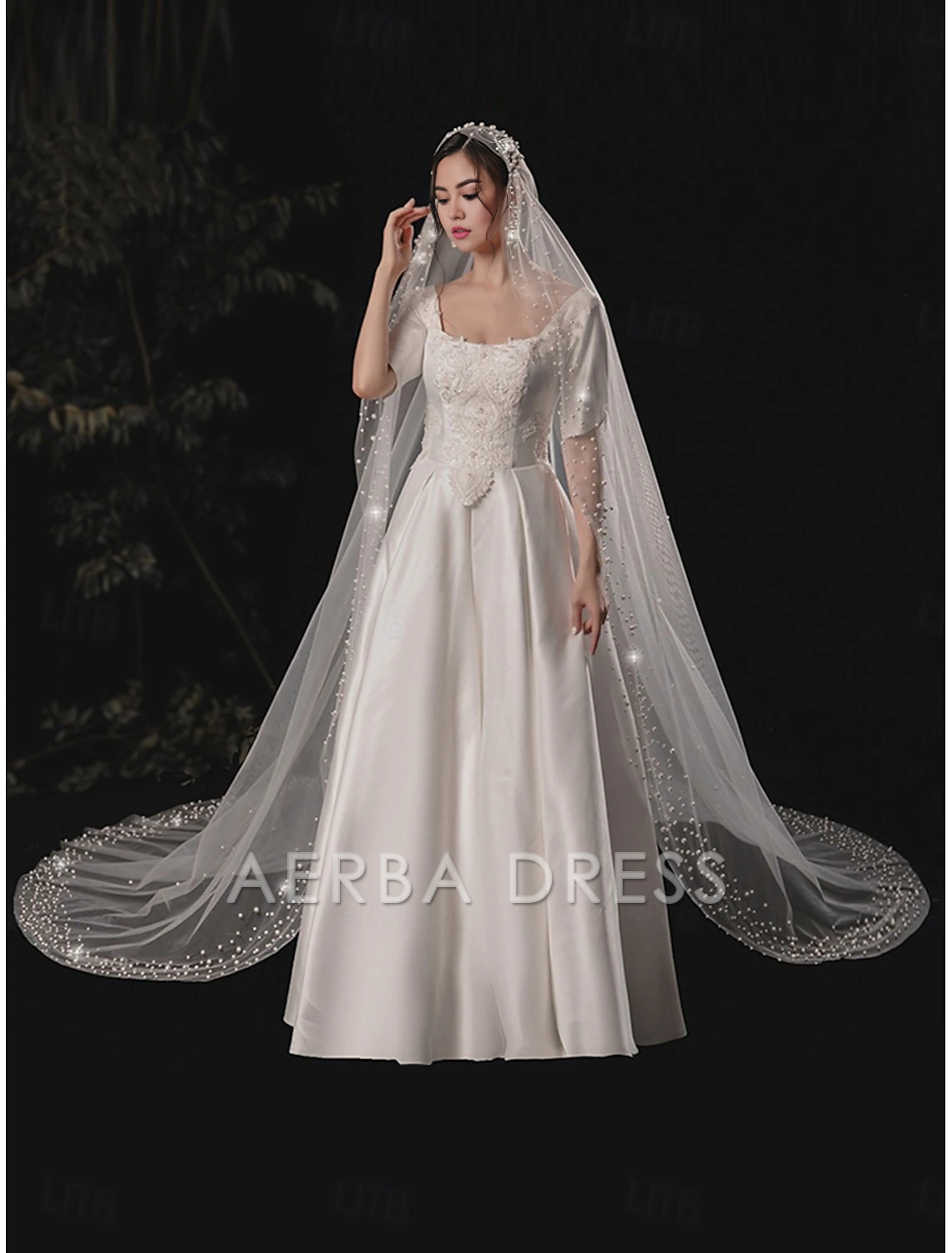Aerba Dress High Quality One-tier Comtemporary Stylish Wedding Veil Cathedral Veils with Faux Pearl Youthful Charming Tulle Veil