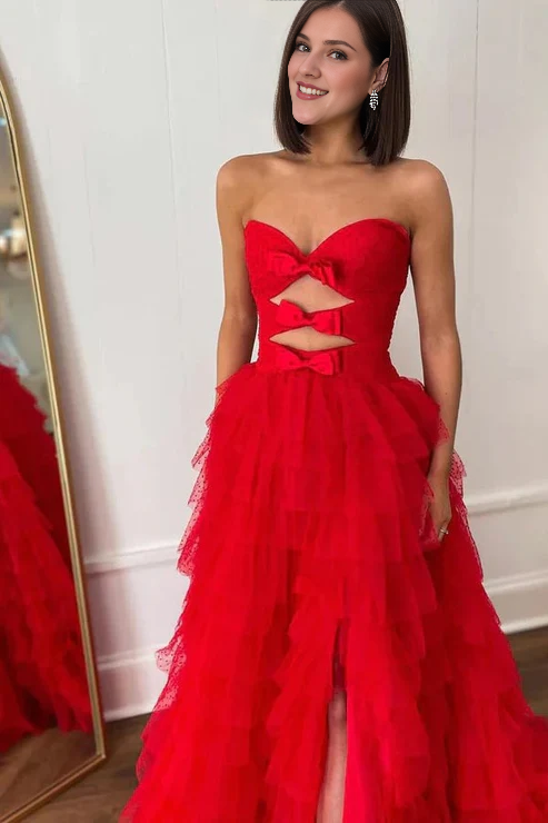 Wholesale Red Strapless Long A-line Prom Dresses Layers Bows Evening Dress