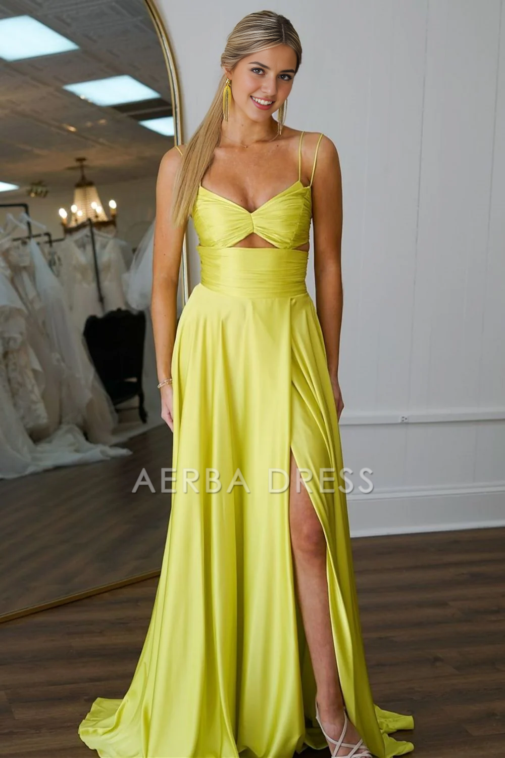 AERBA DRESS Formal Wear Dresses Cute A-Line Spaghetti Straps Pleated Long Satin with High Slit Elegant Simple Prom Dress