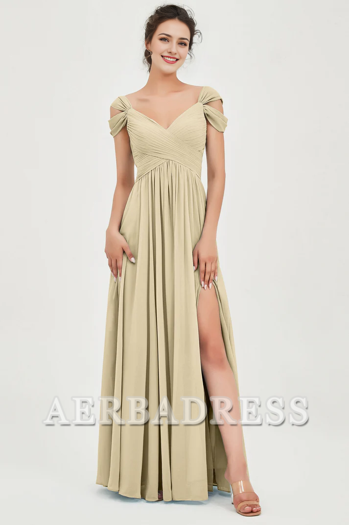 Aerba Dress Bridesmaid Dresses Chiffon A-Line V-Neck Sleeveless Pleated Side Fork Floor-Length Elegant Dresses Wedding Guest Dresses