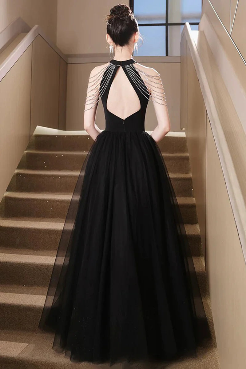 Elegant Black Tulle A-Line Halter Sleeveless Bead string Backless Beautiful Long Prom Dresses Formal Graduation Dress Evening Dresses
