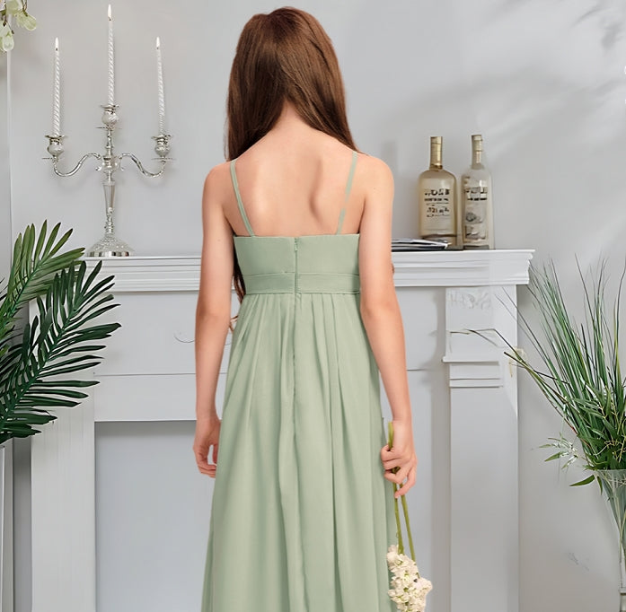 Girls' Formal Dress Elegant A-Line Scoop Neck Spaghetti Strap Floor-Length Chiffon With Cascading Ruffles Hot Sale Junior Bridesmaid Dress