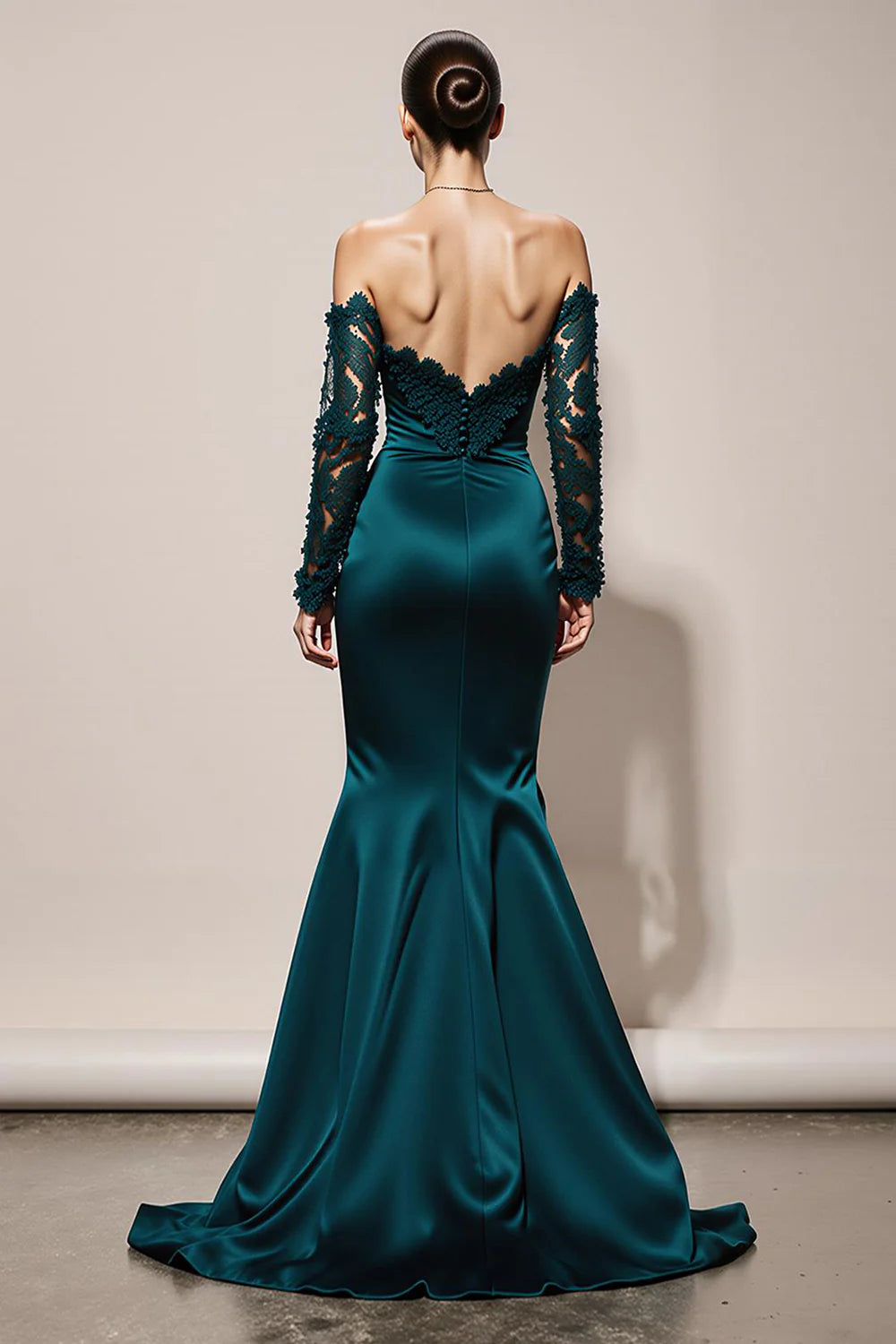 Peacock Green Satin Mermaid Off the Shoulder with Lace Long Sleeves Backless Side Fork Exquisite Long Formal Dress Hot Sale Evening Dress