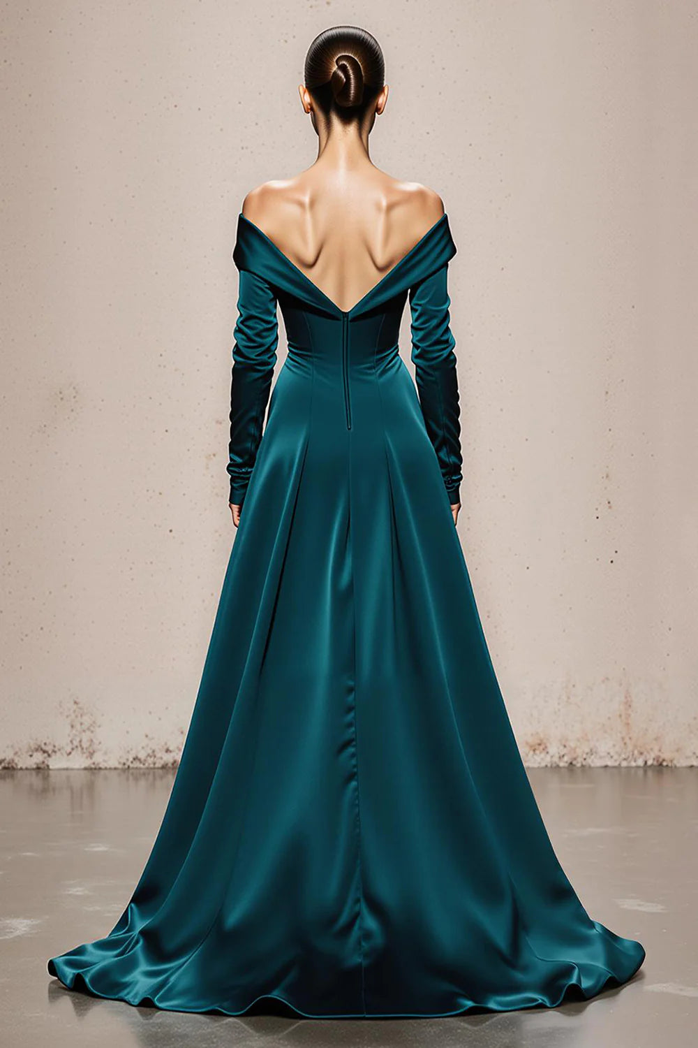 High Grade Peacock Green Satin Mermaid Off the Shoulder V Neck Long Sleeves Backless Exquisite Long Formal Dress Hot Sale Evening Dress