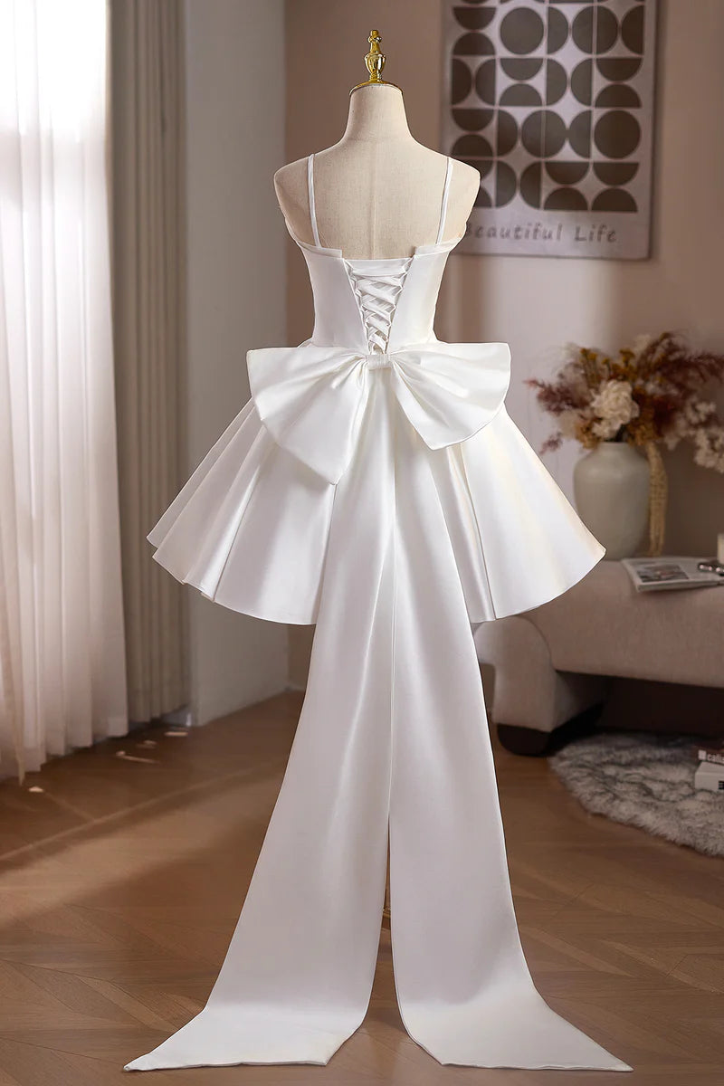 Exquisite White Satin A-Line Spaghetti Strap Ruched Hem Backless with Bow Cute Short Prom Dresses Formal Graduation Dress Homecoming Dresses