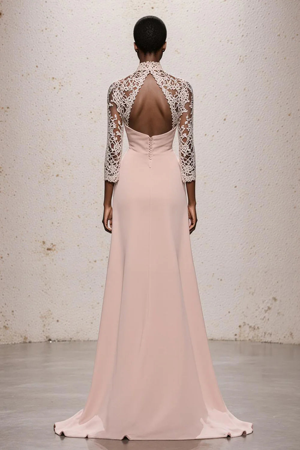 Exquisite Light Pink A Line High Neck with Lace 3/4 Long Sleeve Backless Fashion Long Formal Dress Hot Sale Evening Dress