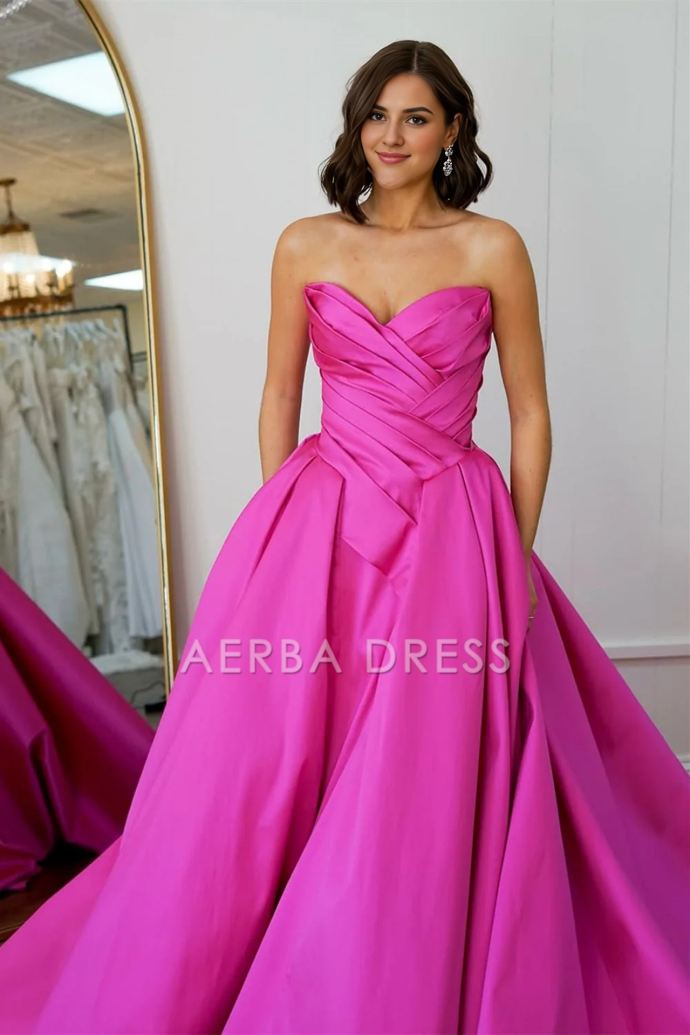 AERBA DRESS Formal Wear Dresses Elegant A-Line Strapless Pleated Long Court Train Satin Gorgeous Prom Dress