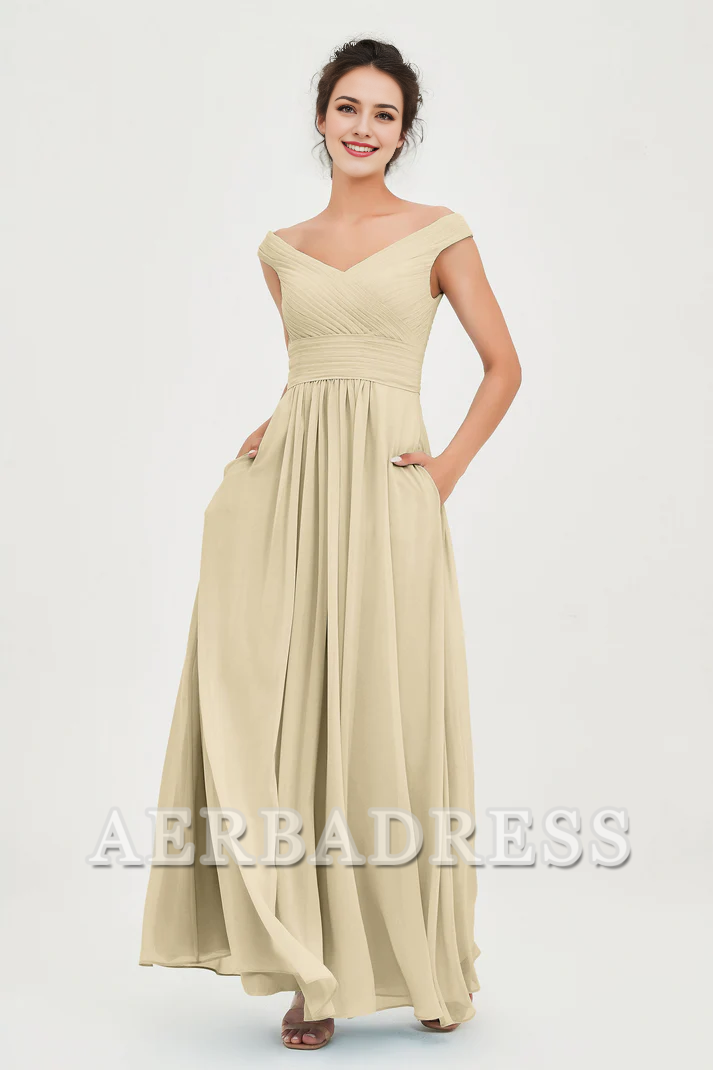 Aerba Dress Bridesmaid Dresses Chiffon A-Line V-Neck Sleeveless Off-Shoulder Pleated Dresses Wedding Guest Dresses