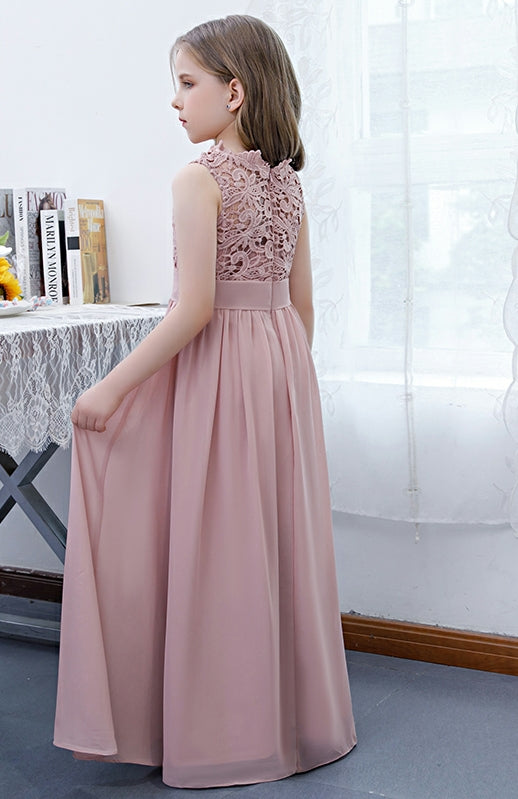Girls' Formal Dress Exquisite A Line Sleeveless Lace Chiffon Girls Birthday Gown Long Hot Sale Junior Bridesmaid Dress