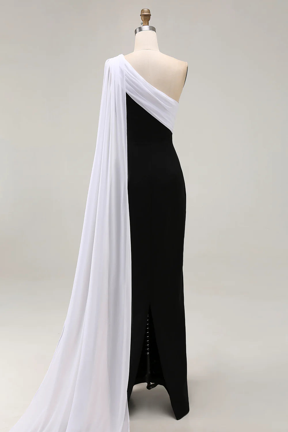 Black White Satin Sheath One Shoulder with Side Cape Pleated Fashion Long Formal Dress Hot Sale Evening Dress