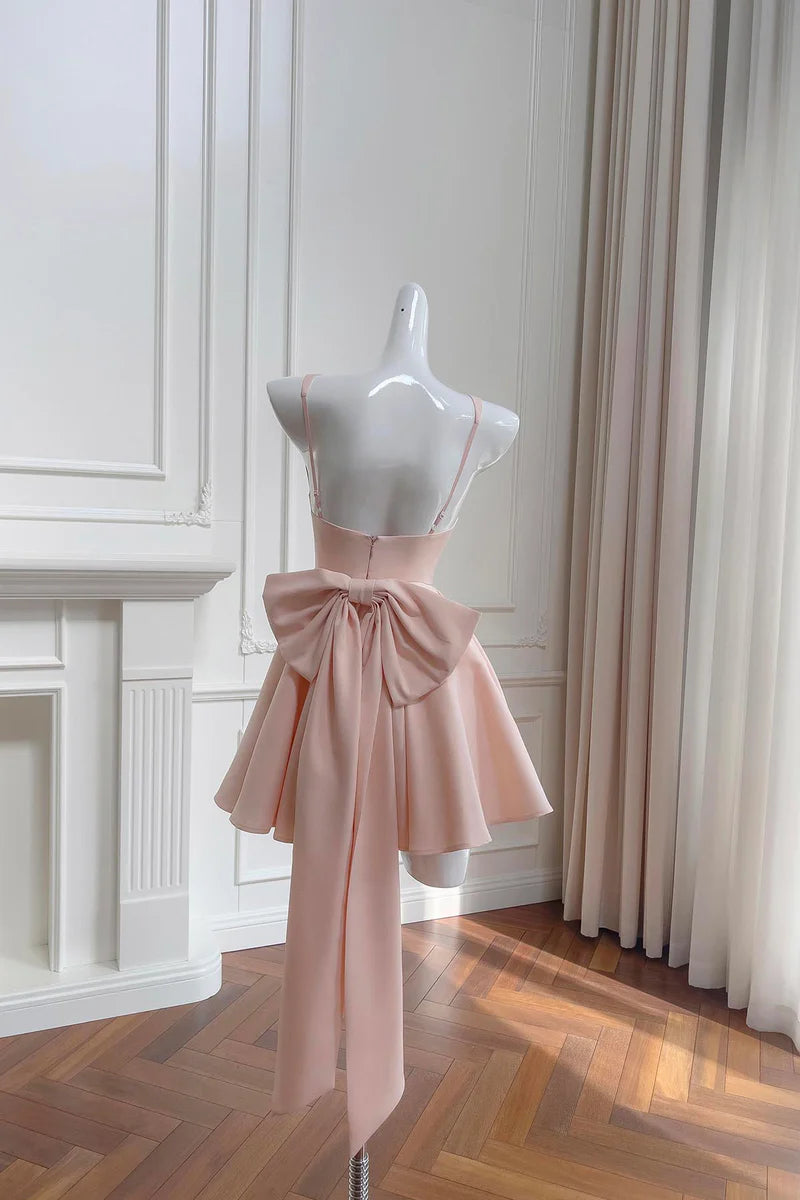 Cute Blush A-Line Square Neck Sleeveless Backless with Bow Ruched Hem Elegant Short Prom Dresses Formal Graduation Evening Dresses