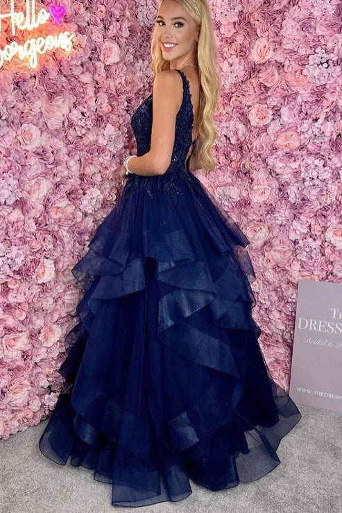 AerbaDress Navy Blue V Neck Long Prom Dresses Ruffle Tiered Tulle with Appliques