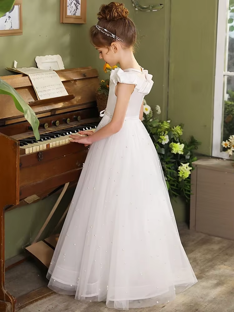 AERBA DRESS Wedding Flower Girl Dress Little Princess Tulle Bridesmaid party Dresses Pearl-decorated Kids Birthday Dress