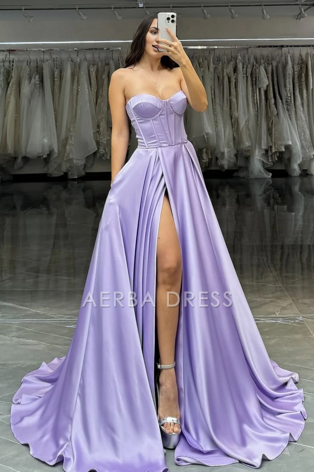 AERBA DRESS Formal Wear Dresses Pretty A-Line Strapless Sweetheart Long Satin with High Slit Elegant Prom Dress