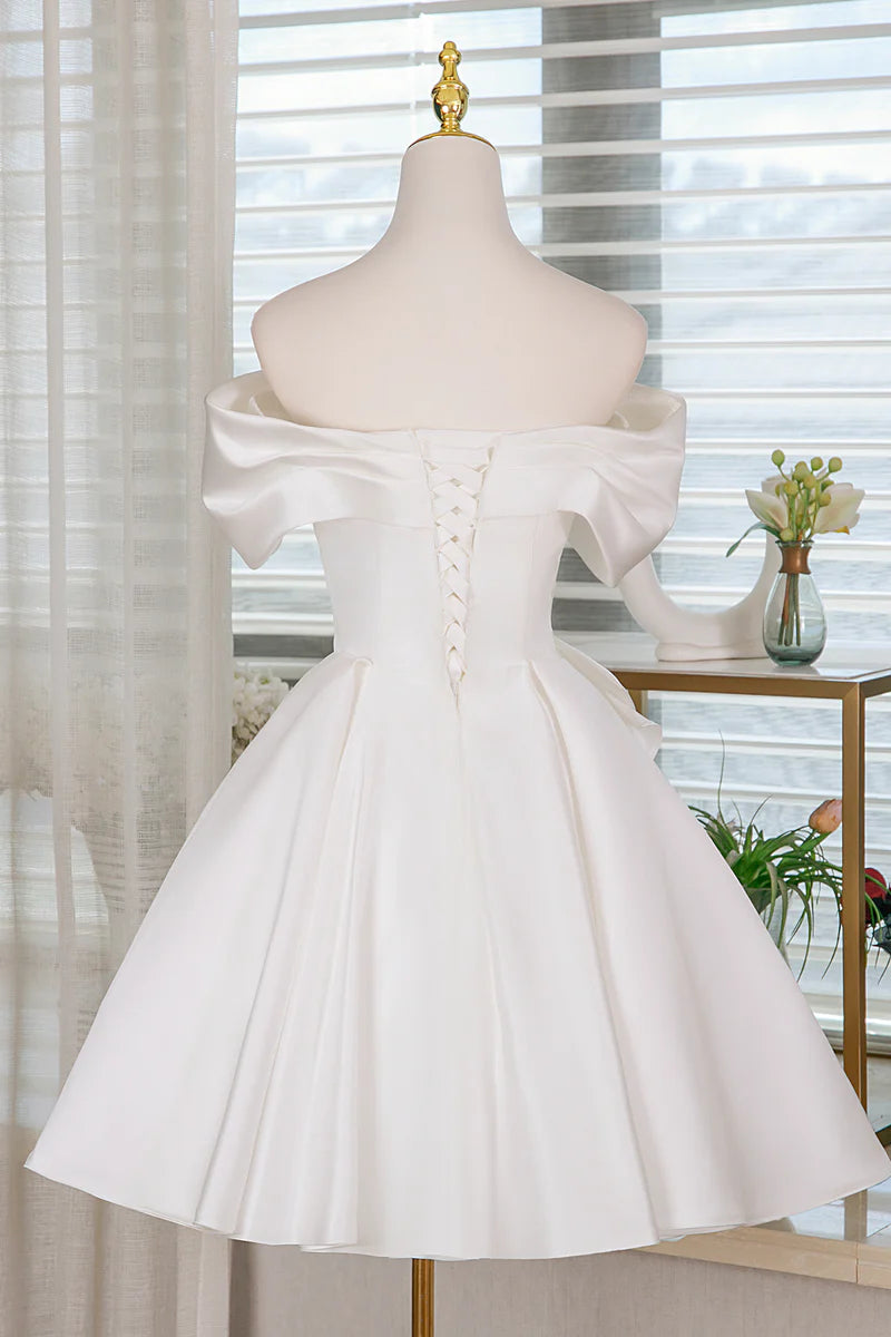 Fashion White Satin A-Line Off the Shoulder Sweetheart Neckline Pleated Bow Lovely Short Prom Dresses Formal Graduation Dress Homecoming Dresses