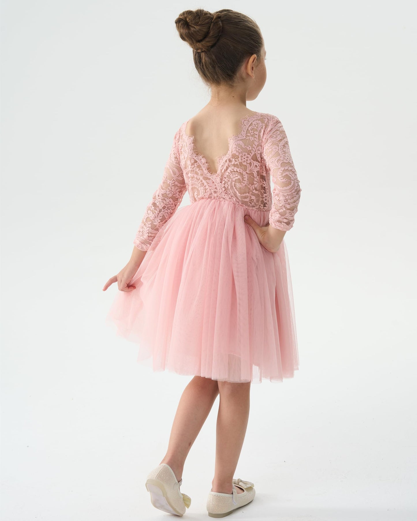 AERBA DRESS Wedding Flower Girl Dresses A-Line Round Neck Long Sleeves Lace Tutu Tulle Party Dress