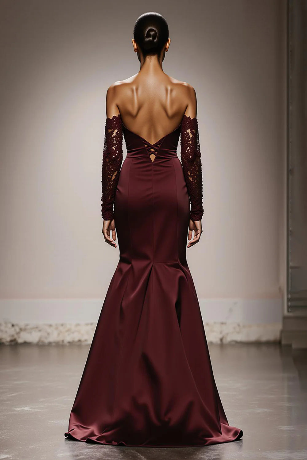 High Grade Burgundy Satin Mermaid Off the Shoulder Strapless with Lace Sleeves Backless Exquisite Long Formal Dress Hot Sale Evening Dress