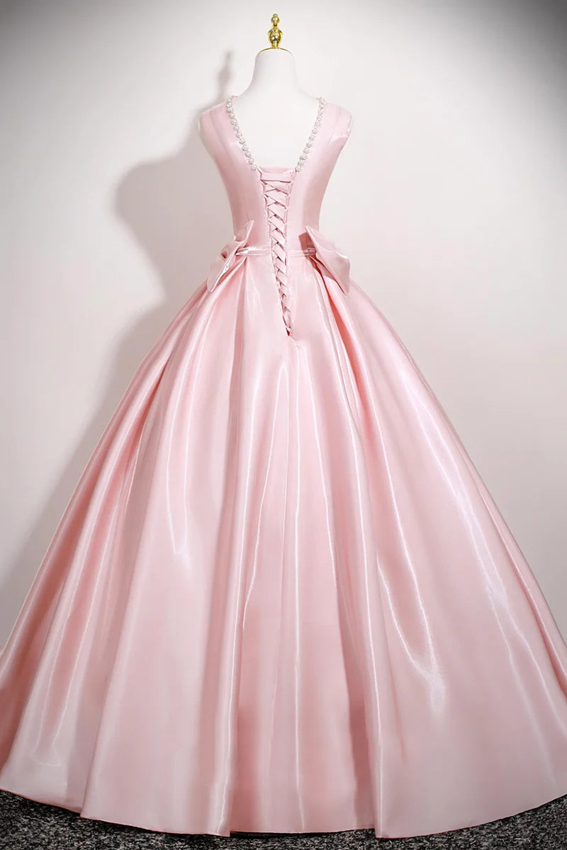 Gorgeous Sparkle Pink Satin A-Line Round Neck Beadwork Sleeveless with Bow Hem Ruched Elegant Long Prom Dresses Formal Graduation Dress Evening Dresses